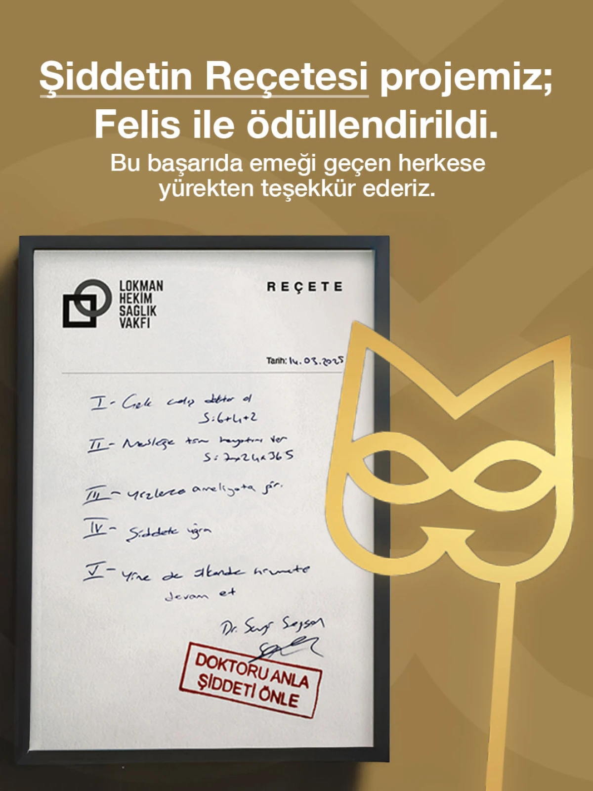 "Doktoru Anla, Şiddeti &Ouml;nle" Kampanyasına Felis &Ouml;d&uuml;l&uuml; 